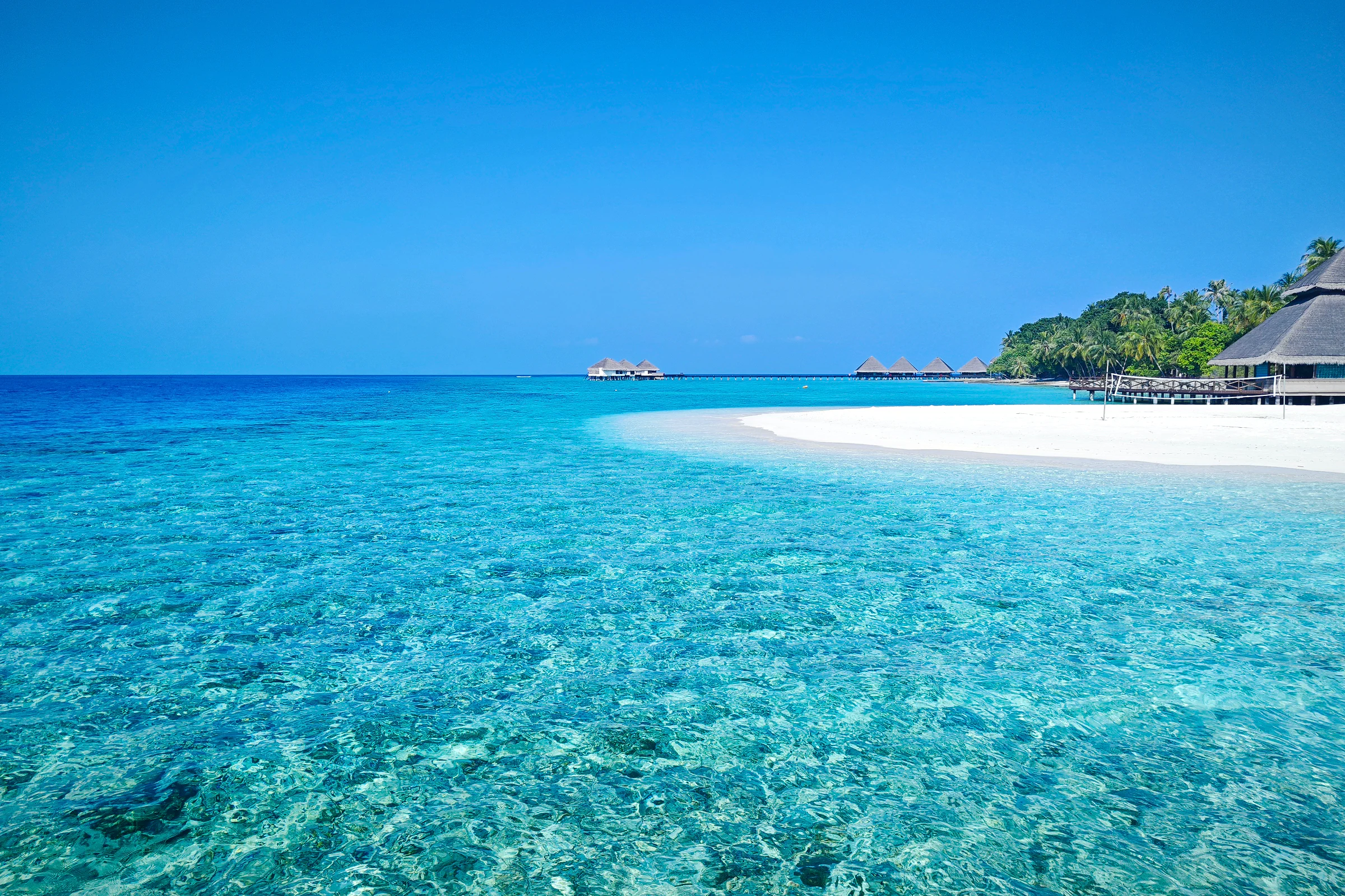 Kristallklares Wasser und weißer Sandstrand auf den Malediven